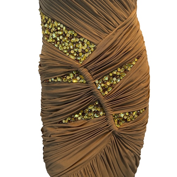 Terani Couture One-Shoulder Mini Dress 4 Nude Beaded Ruched Formal Gold Glam - Picture 5 of 7